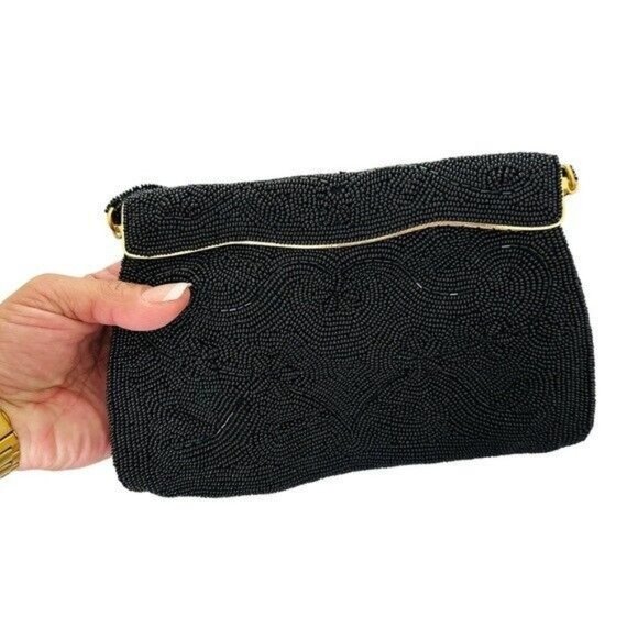 Vintage Black Seed Bead Evening Bag ~ Retro ART DECO Style Gold Frame JAPAN - Picture 5 of 9